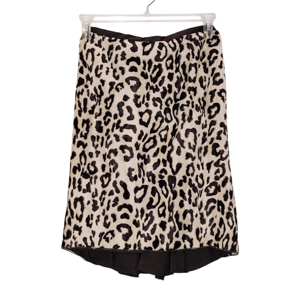 Etcetera Leopard Print A-Line Skirt Knee Length Faux Fur Brown Beige Womens Sz 0